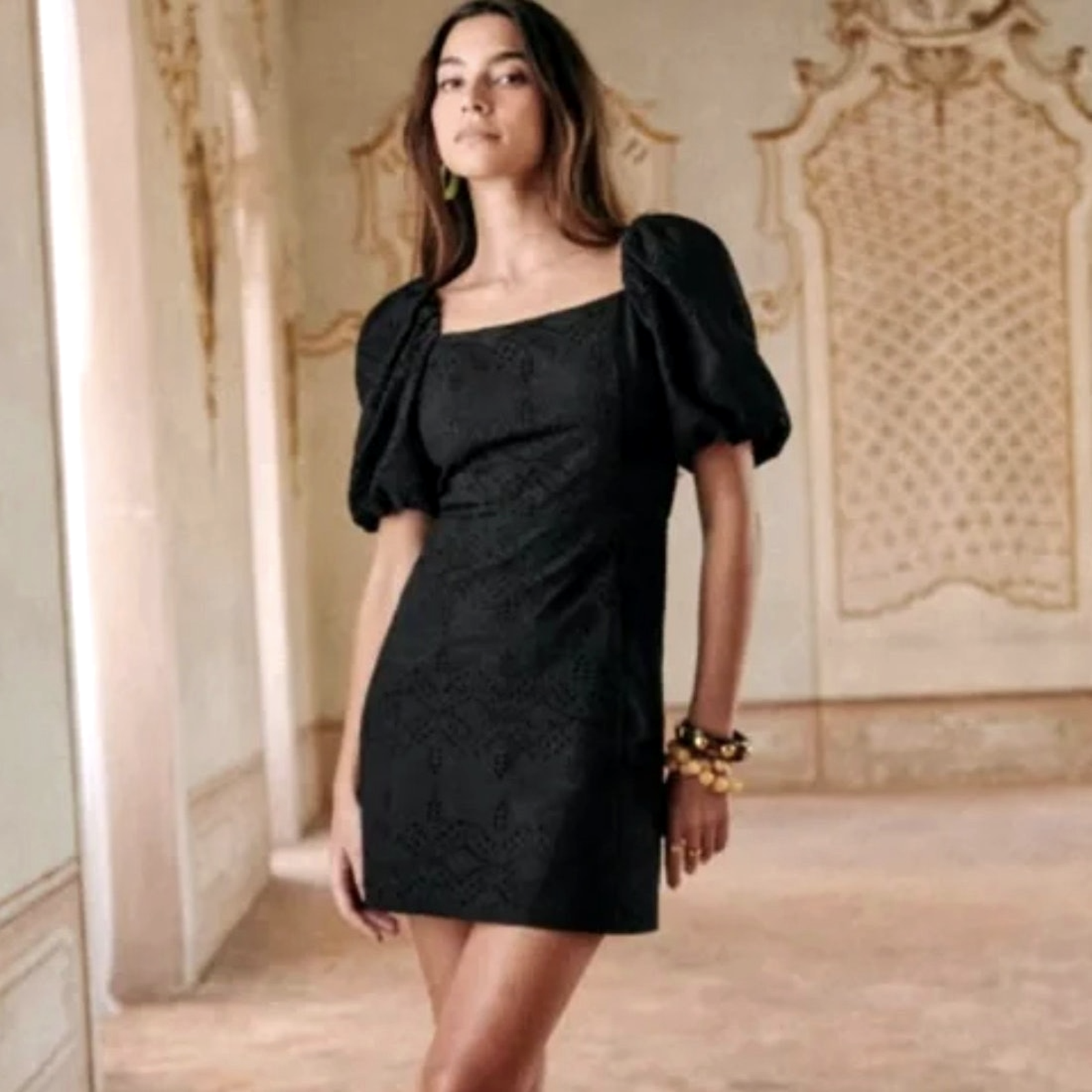 Sezane 2 Allya Eyelet Mini Dress $250 Puff Sleeves Cotton Scoop Neck Black 34